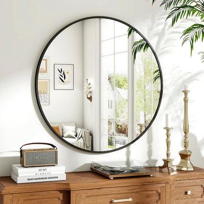 Koonmi Runder Wandspiegel 80cm Schwarz - Alu-Rahmen. Schwarzer Rundspiegel 80cm mit Alu-Rahmen zur Wandmontage, dient der Raumgestaltung.