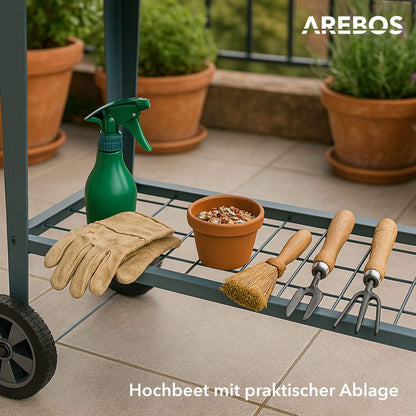 Arebos Hochbeet mit Rädern und Ablage, Metall, 108 x 51 x 80 cm