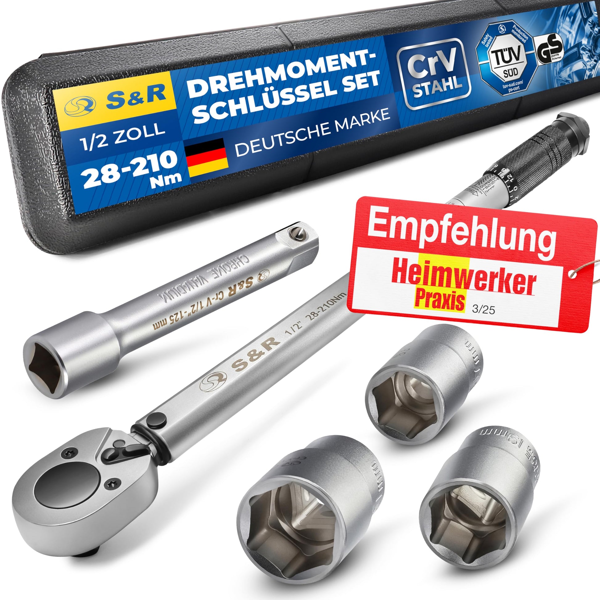 S&R Drehmomentschlüssel Set 1/2 Zoll 28-210 Nm mit 3 Stecknüssen, Verlängerung und Koffer