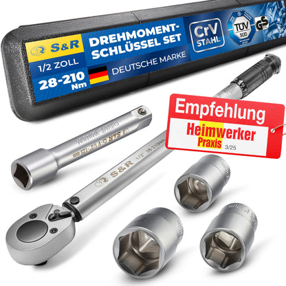 S&R Drehmomentschlüssel Set 1/2 Zoll 28-210 Nm mit 3 Stecknüssen, Verlängerung und Koffer