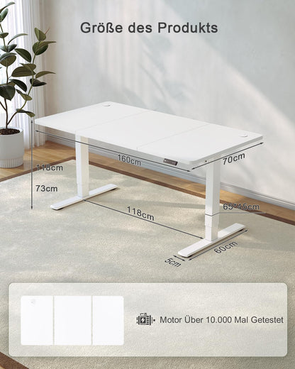 JUMMICO Steh-Sitz Schreibtisch Elektrisch - 160x70cm Weiss USB
