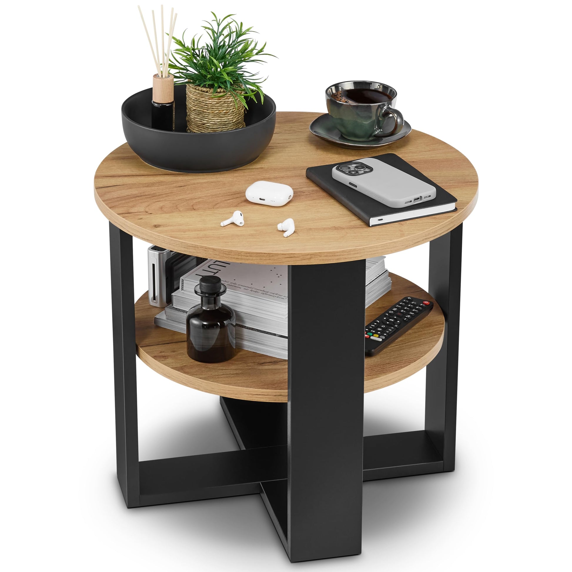 defiPad Couchtisch rund Eiche Ø 53 cm – Beistelltisch mit Ablage, zwei Ebenen in Holzoptik