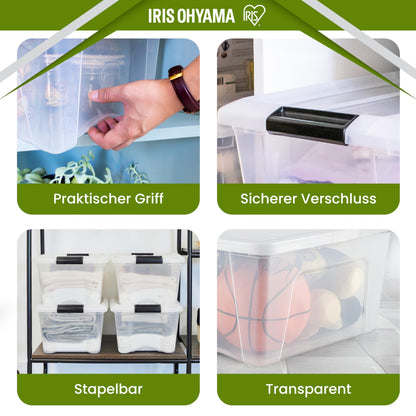 Iris Ohyama Aufbewahrungsbox mit Deckel, 45 L, 4er-Set, transparent