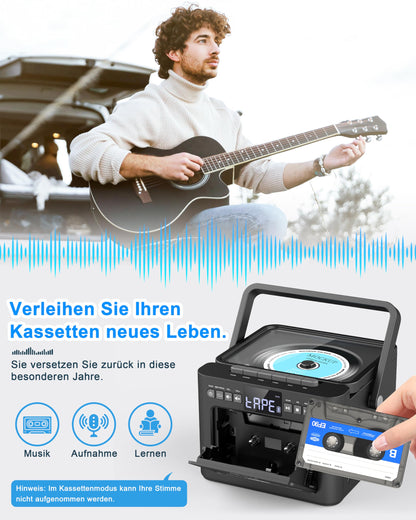 Greadio CD-Player tragbar mit Kassette, UKW Radio und Bluetooth