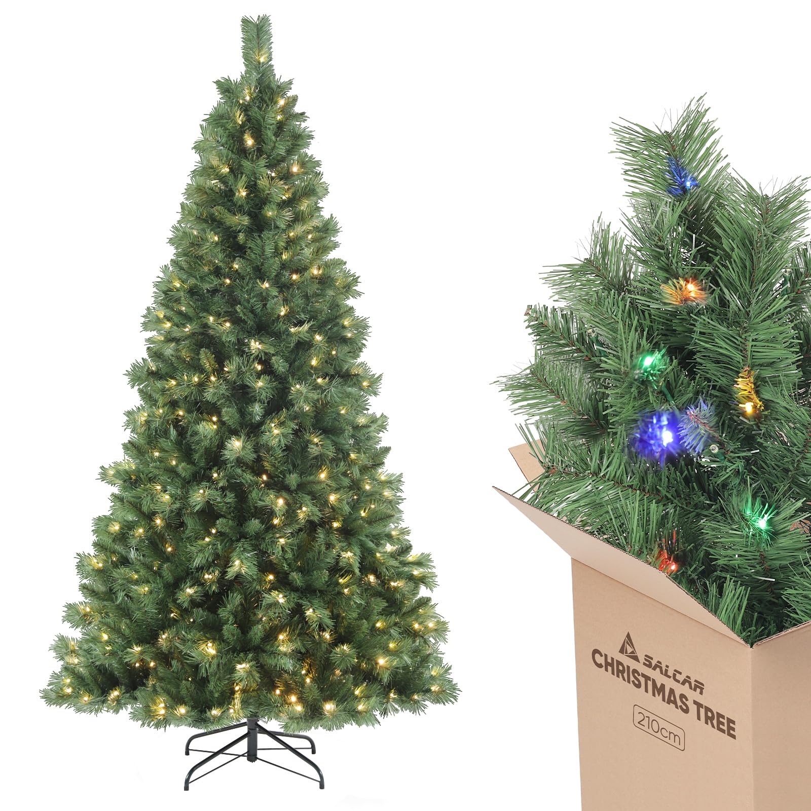 SALCAR Künstlicher Weihnachtsbaum 2.1m Nordmanntanne LED: Hoher, grüner Kunstbaum mit integrierter LED-Beleuchtung zur Weihnachtsdekoration.