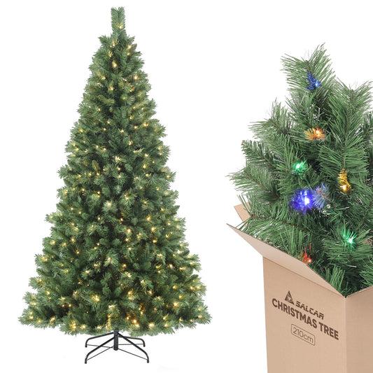 SALCAR Künstlicher Weihnachtsbaum 2.1m Nordmanntanne LED: Hoher, grüner Kunstbaum mit integrierter LED-Beleuchtung zur Weihnachtsdekoration.