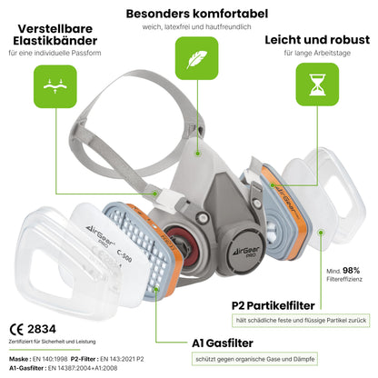 AirGearPro G-500 Atemschutzmaske mit A1P2 Filter und Schutzbrille