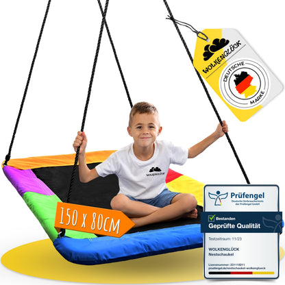 WOLKENGLÜCK Nestschaukel eckig 150x80 cm, 3-in-1 bis 200 kg, Netzmatte und Schaumstoffrahmen