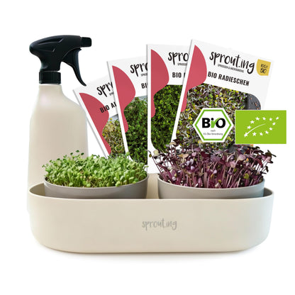Plantura Bio-Sprossen Anzucht-Set Komplett mit Bio-Saatgut, 4 Sorten, Anzuchtschale und Sprühflasche