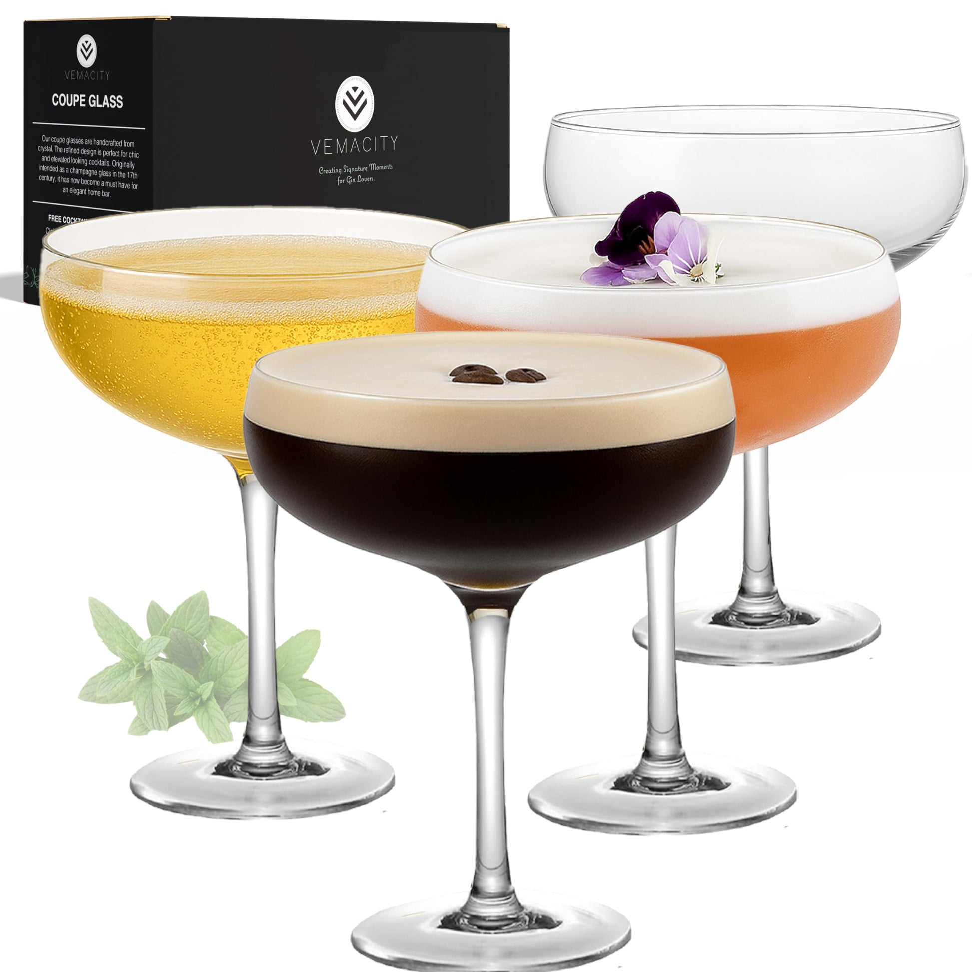 Vemacity Martinigläser 4er-Set, handgefertigte Cocktailgläser, 280 ml – Coupe-Glas mit schlankem Stiel und breiter Schale