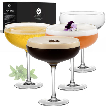 Vemacity Martinigläser 4er-Set, handgefertigte Cocktailgläser, 280 ml – Coupe-Glas mit schlankem Stiel und breiter Schale
