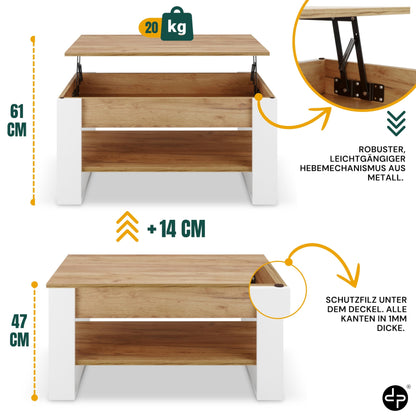 defiPad Höhenverstellbarer Ausziehbarer Couchtisch - Weiss Eiche