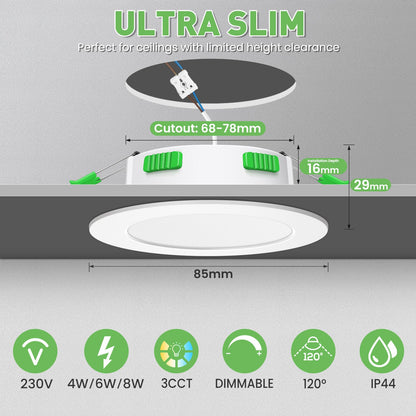 ALUSSO LED Einbaustrahler Dimmbar Ultra Flach 3CCT 68mm IP44 - 10er Set