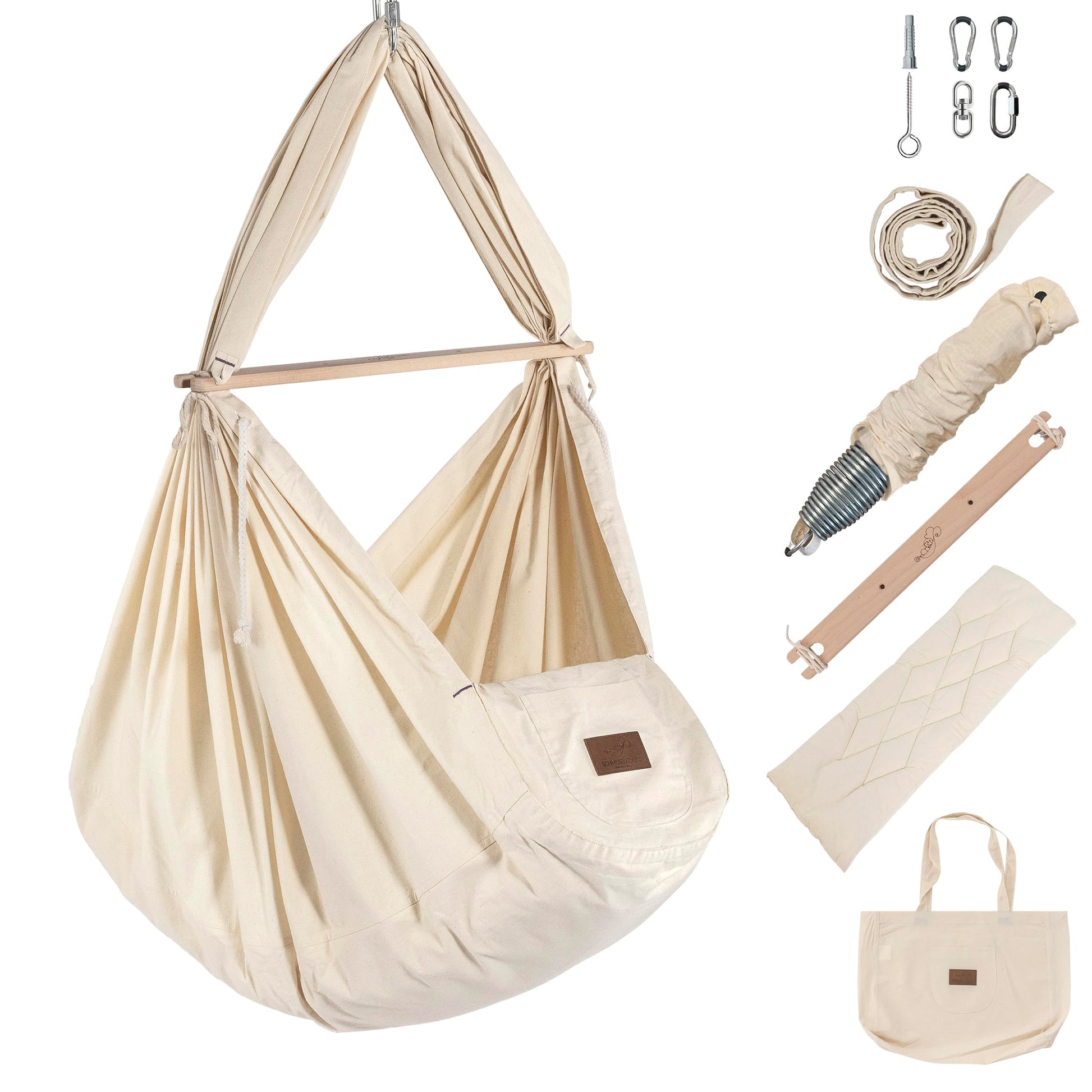 SCHMUSEWOLKE Federwiege Komplett-Set - Bio-Baumwolle. Helle, hängende Babywiege aus Bio-Baumwolle für sanftes Schwingen und Beruhigen von Säuglingen.