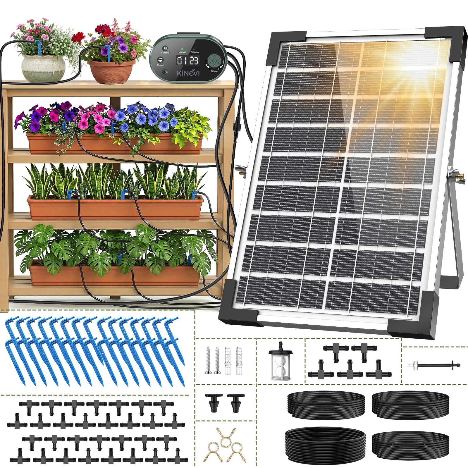KINEVI IC308 Solar Bewässerungssystem, Tropfbewässerung Set 30 m mit Solarpanel und Tropfstrahlern