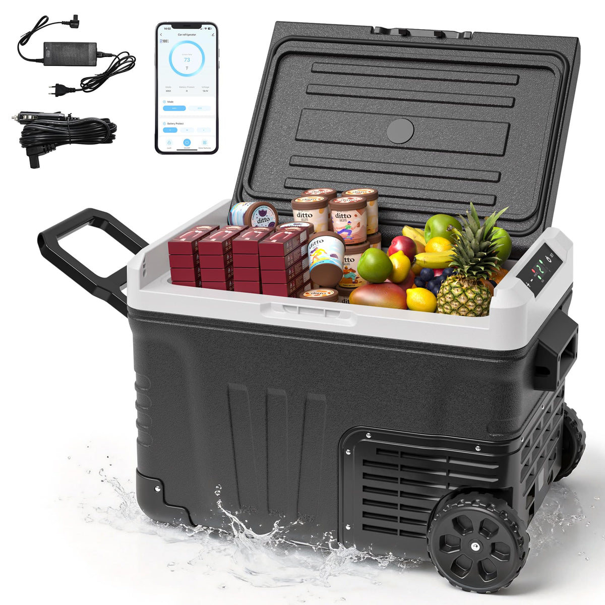 EUHOMY Auto-Kühlschrank 35L Kompressor Kühlbox 12V mit App-Steuerung, tragbar mit Offroad-Rädern und zwei Griffen