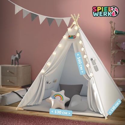 Spielwerk® Tipi Kinderzelt – Set 130x130cm Weiss Grau