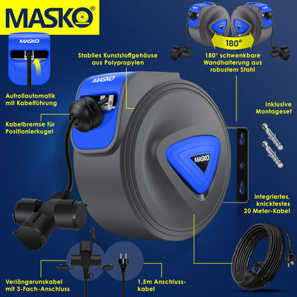 MASKO Automatik Kabeltrommel 20m Wandhalterung 3-fach