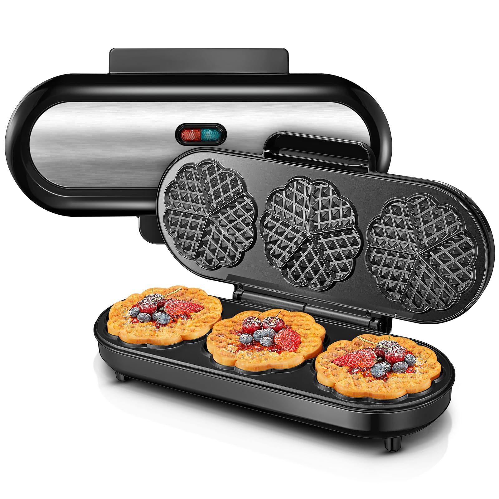 FOHERE Herzwaffeleisen King Size für 15 Herzwaffeln, Edelstahl – silbernes Gehäuse, drei Herzwaffel-Backflächen