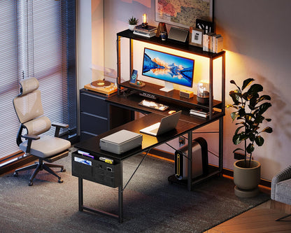 Coleshome Gaming Tisch L-Form mit LED und Steckdosen, Schwarz