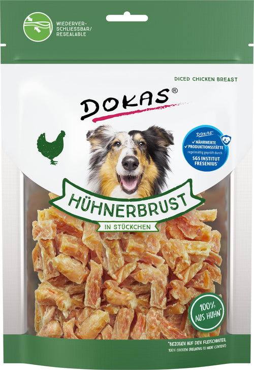 DOKAS Hühnerbrust in Stückchen Hundesnack, glutenfrei, 9 x 200 g – luftgetrocknete, mundgerechte Stückchen