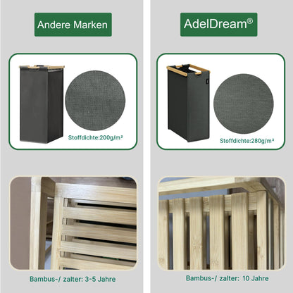 AdelDream Wäschekorb 200L mit 4 Fächern, Bambusrahmen, Grau