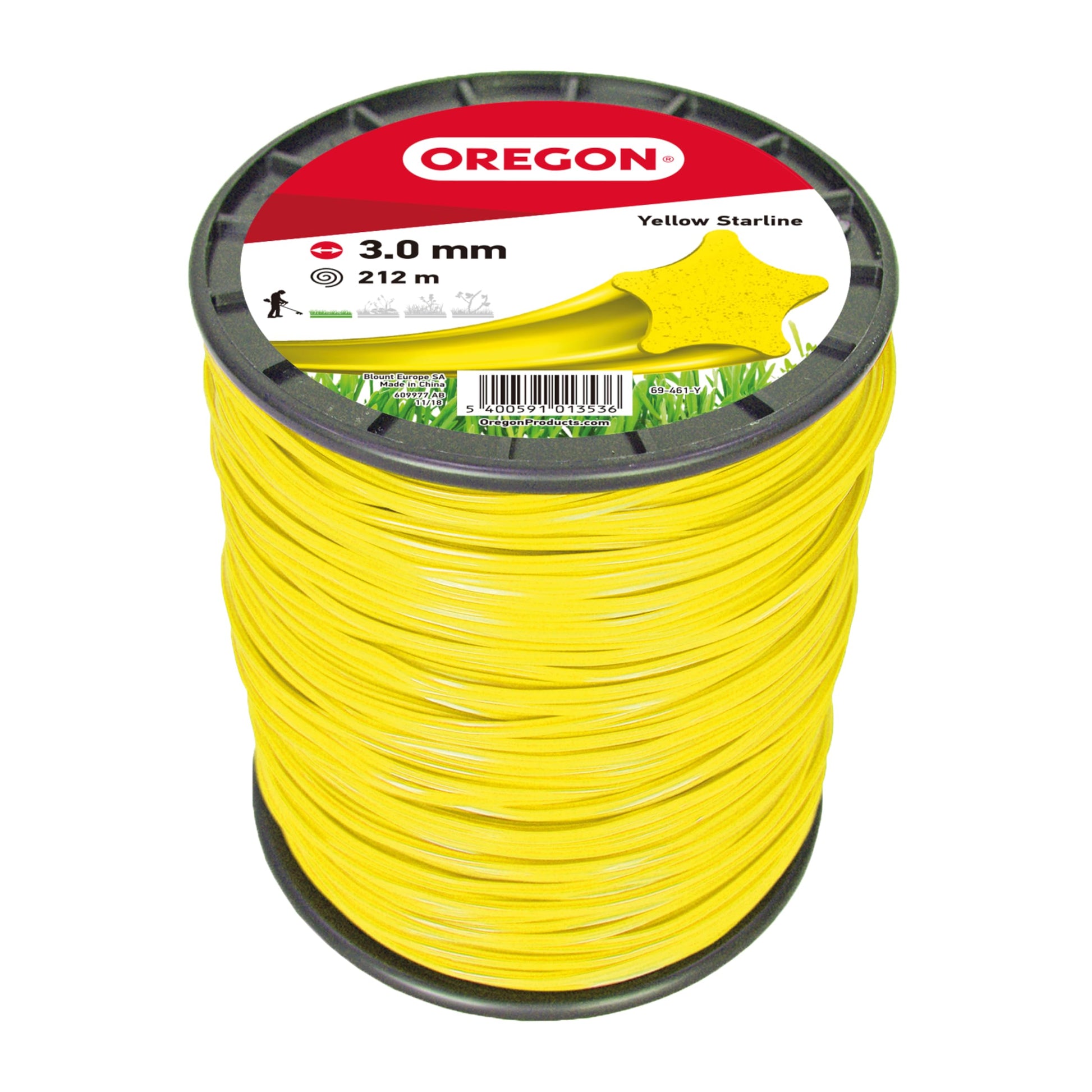 Oregon Mähfaden sternförmig 3,0 mm x 212 m, Nylon-Trimmerfaden gelb, aufgewickelt auf Fadenspule