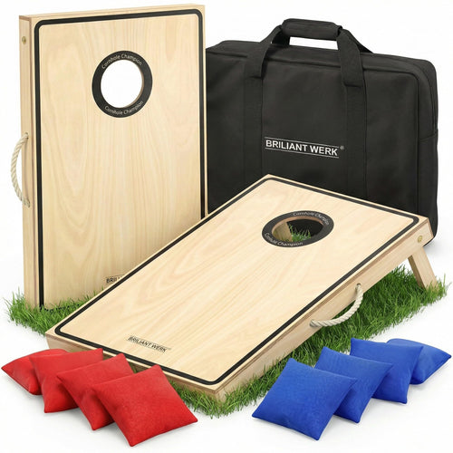 Briliantwerk Cornhole Spiel – 11-teiliges Echtholz Wurfspiel Set mit zwei Holzboards und Wurfsäcken in Rot und Blau