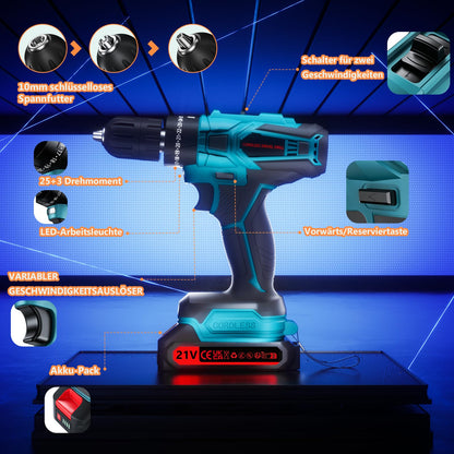 Olubfdh Akkuschrauber 21V Set mit 2 Akkus, 45 Nm, LED, Blau