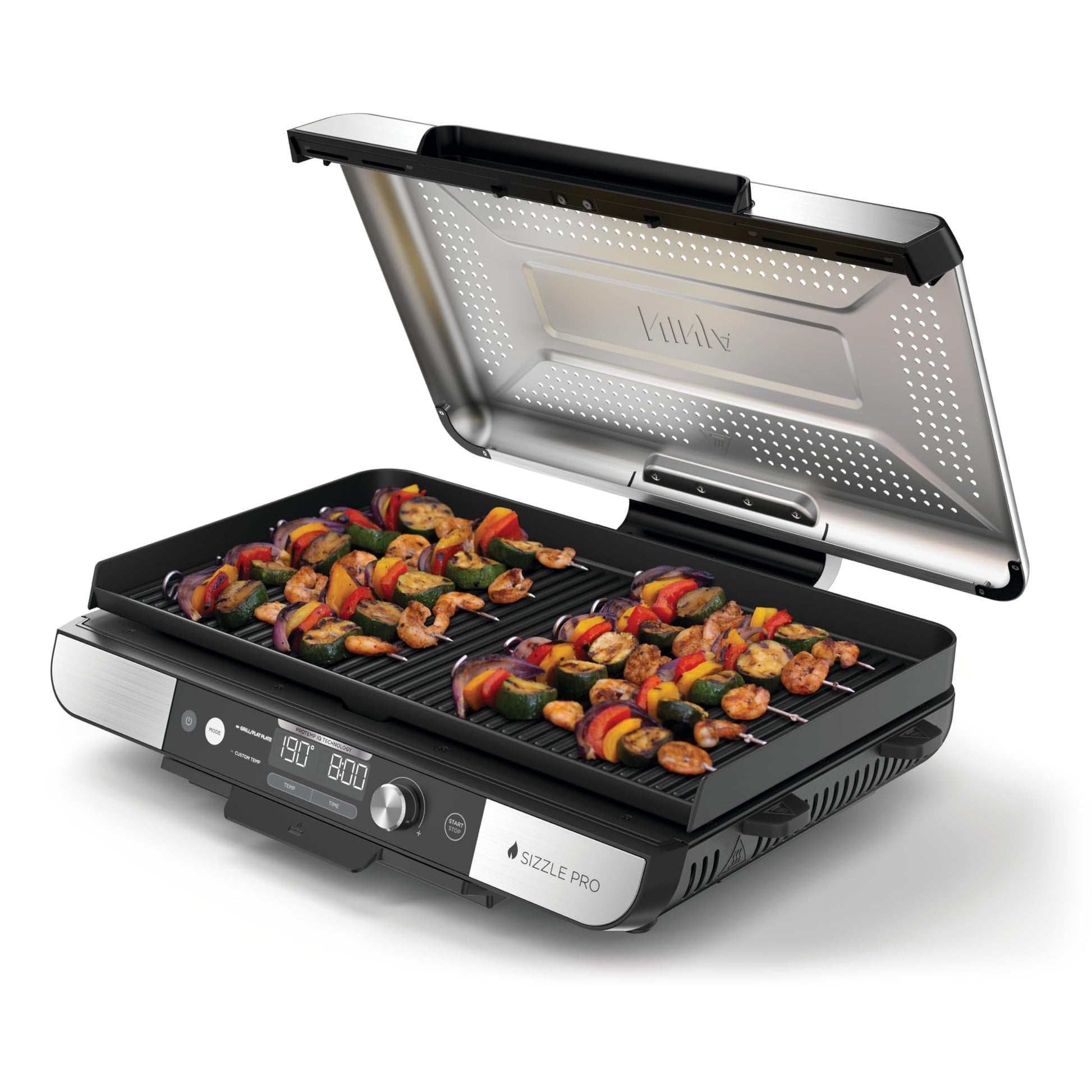 Ninja Sizzle Pro XL Indoor-Grill & Plancha GX101EU, Silber/Schwarz mit Deckel und Grillplatte