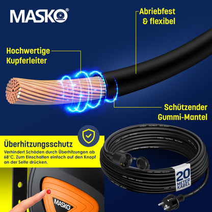 MASKO Automatik Kabeltrommel Verlängerungskabel 20m – 3-fach Wand
