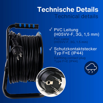 REV Kabeltrommel 50m Outdoor, IP44, 4 Schutzkontaktsteckdosen, blau