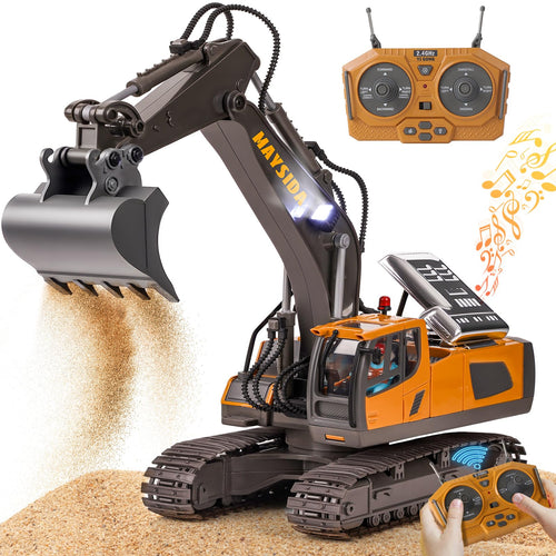 maysida RC Bagger mit Metallschaufel, Licht und Sound, 2,4 GHz – Spielzeugbagger mit Gummiketten