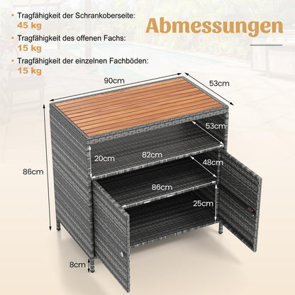 COSTWAY Gartenschrank Rattan mit Akazienholz-Arbeitsplatte, Grau
