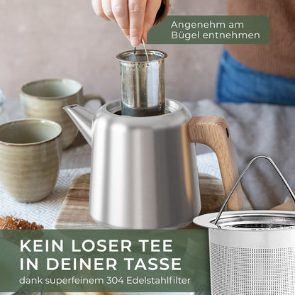 WALDWERK Teekanne mit Stövchen, Edelstahl, Sieb, 1.1L Eiche