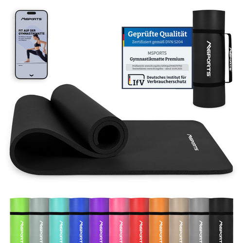 MSPORTS Gymnastikmatte Premium 190 x 100 cm, schwarz, mit Tragegurt – rutschfeste NBR-Matte