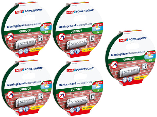 tesa Powerbond Outdoor Montageband doppelseitig - 5er Pack 5m:19mm. Weiße Bandrolle für Außenmontage von Objekten.