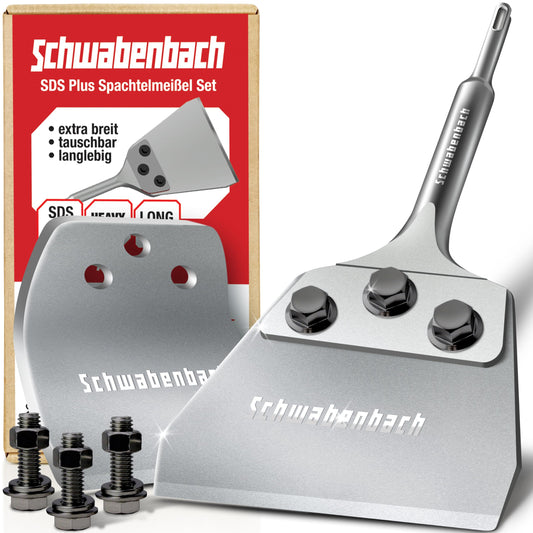 SCHWABENBACH Verbesserter Spachtelmeissel Bodenschaber - SDS-Plus 125x250mm. Metallischer Meißel zum Entfernen von Fliesen, Mörtel, Putz.
