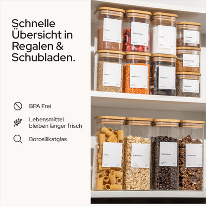 KIVY Vorratsgläser eckig 12er Set – Bambus, Etiketten