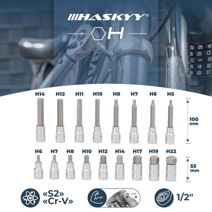 HASKYY Steckschlüsselsatz Innensechskant 30-teilig H5-H22 1/2 Zoll