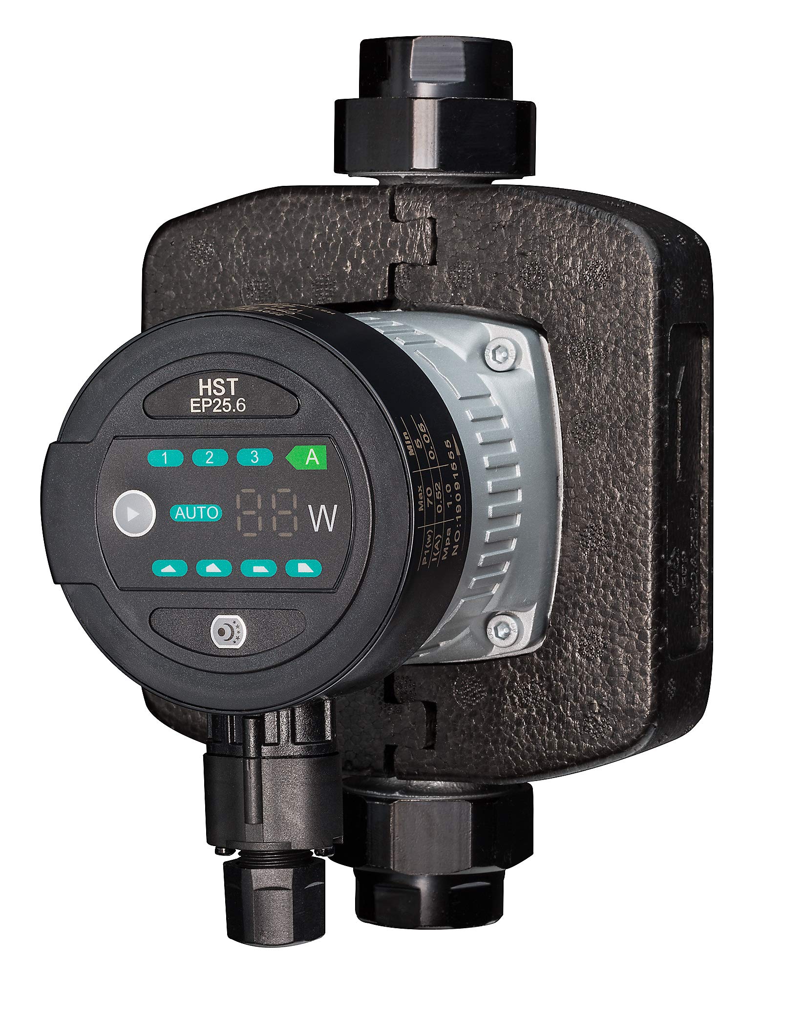 HST EP 25-60/180 mm Hocheffiziente Heizungsumwälzpumpe. Kompaktes, graues Metallgehäuse. Zirkuliert Heizungswasser effizient in Heizsystemen.