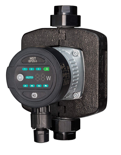 HST EP 25-60/180 mm Hocheffiziente Heizungsumwälzpumpe. Kompaktes, graues Metallgehäuse. Zirkuliert Heizungswasser effizient in Heizsystemen.