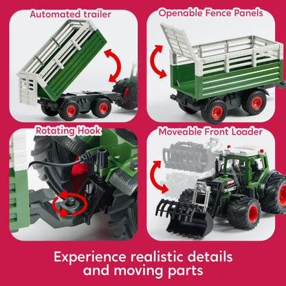 SYNCFUN Ferngesteuerter Traktor mit Anhänger, Lader, Licht und Sound