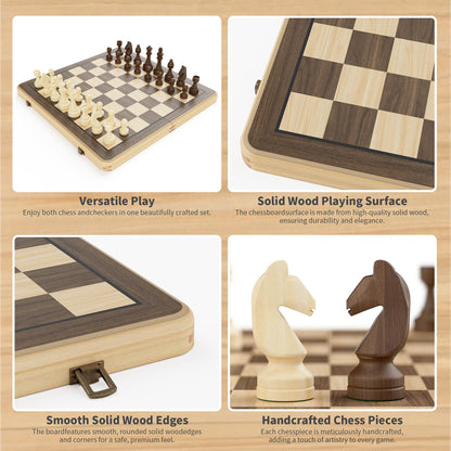 Puecrof Schach- und Dame-Set aus Holz, klappbar, 38 cm, schwarz