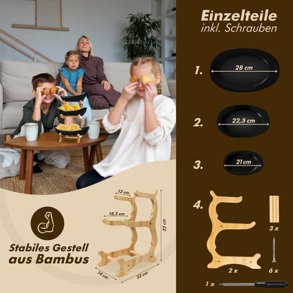 VANEJA Etagere 3-stöckig, Obstschale Keramik schwarz mit Bambusständer