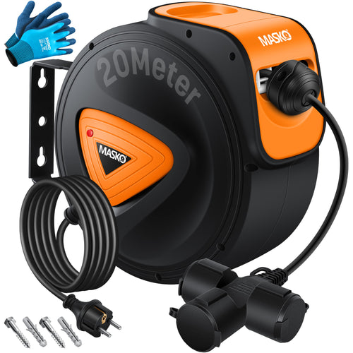 MASKO Automatik Kabeltrommel Verlängerungskabel 20m – 3-fach Wand