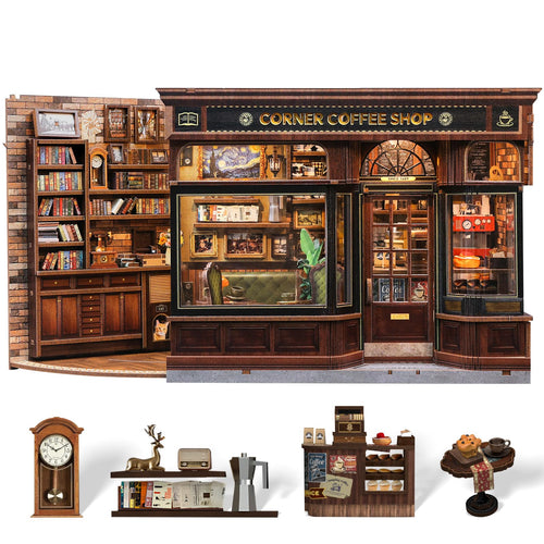 CUTEBEE Book Nook Kit Corner Coffee Shop – 3D Holzpuzzle mit LED, Miniatur-Kaffeehaus aus Holz mit Staubschutz