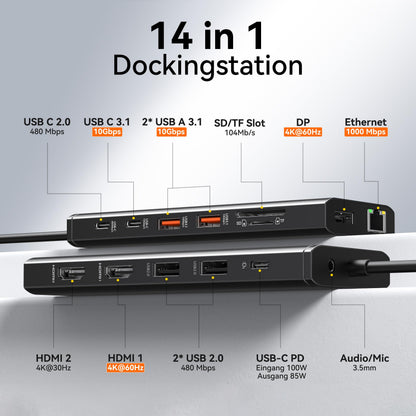 HODO Dockingstation USB C 14-in-1, Triple Display, HDMI, DisplayPort