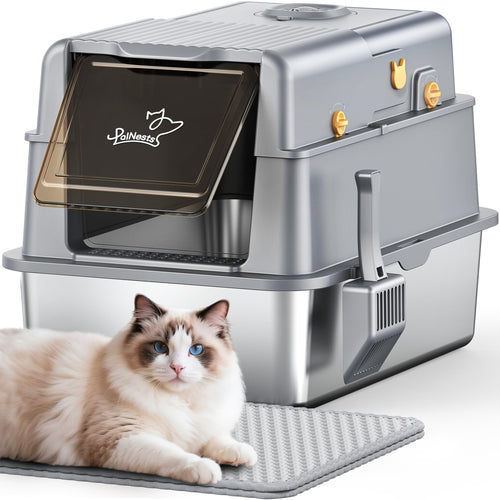PalNests Edelstahl-Katzentoilette XXL mit Deckel, Klappe und Schaufel – Edelstahlschale und Streumatte