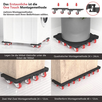 ONEON Möbeltransportrollen Set mit Möbelheber, 360° drehbar, 300 kg